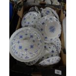 A box of blue and white York Town dinner ware and tea china.