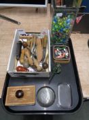 A tray of miniature tools, folding pen knives, WW I pocket knife,