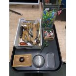 A tray of miniature tools, folding pen knives, WW I pocket knife,