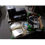 Three boxes of old telephone hand sets, Sharp fax machine, Philips radio,