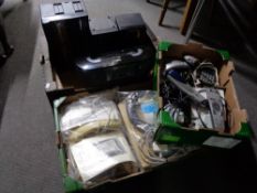 Three boxes of old telephone hand sets, Sharp fax machine, Philips radio,