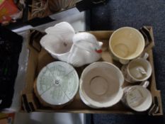A crate of ceramic swan planter, Wade mug,