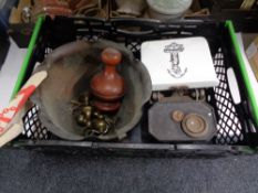 A crate of Victorian scales with ceramic balance, copper planter,