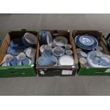 Three boxes of Denby dinner ware, coffee china,
