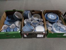 Three boxes of Denby dinner ware, coffee china,