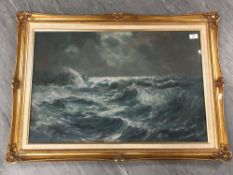 John Falconar Slater (1857-1937) : Seascape with Crashing Waves under Stormy Sky, oil on canvas,