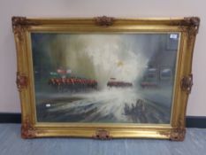 John Bampfield : Battle Scene with Mounted Cavalry and Field Gun, oil on canvas with impasto,