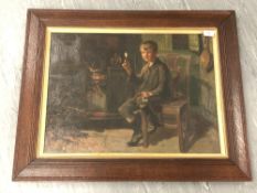 John William Gilroy (1868-1944) : A Young Boy Seated by a Fireplace Holding a Pipe, oil on canvas,