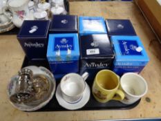 A tray of Aynsley china cups and mugs,