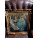 Sylvia Dyson : A lady reading, oil on board, labeled verso, framed.