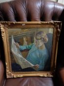 Sylvia Dyson : A lady reading, oil on board, labeled verso, framed.