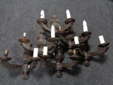 Six carved oak antique wall lights