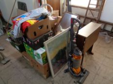 A pallet of bric a brac, boxes of kitchen items, sundries, Dyson vac, drop sided table,