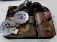 A tray of two floor safe lids with keys, Stanley planes,