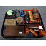 A tray of recorder, mauchline ware pot, miniature opera glasses,
