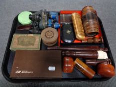 A tray of recorder, mauchline ware pot, miniature opera glasses,