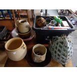A box of Miracle grow feeder, wall planters, ceramic pot,