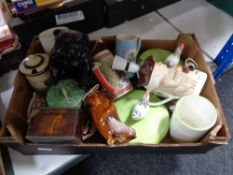 A box of antique and later ceramics, small oak trinket box, bulldog figure,