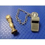 An LNER Thunderer whistle together with an antique seal and chain