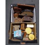 A box of antique wooden ware, Continental money box,