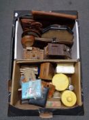 A box of antique wooden ware, Continental money box,