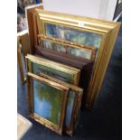 A quantity of pictures and prints, gilt framed oil on canvas depicting lakes,