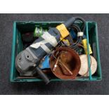 A crate of Bosch grinder, extension reel,