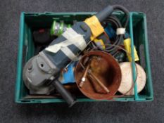 A crate of Bosch grinder, extension reel,