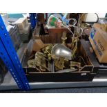 A box of brass shire horse figure, brass lamp,