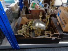 A box of brass shire horse figure, brass lamp,