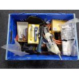 A crate of garage items including welding torch part etc