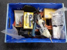 A crate of garage items including welding torch part etc