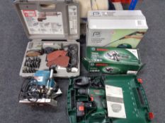 A quantity of power tools, Makita router, pressure washer, Bosch cased drill and angle grinder,