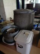 An enamelled bread bin together with galvanized bin,