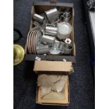 A box of pewter, stainless ware, tankards, place mats,