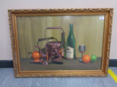 Ivan Lindsay (20'th Century) : Still Life with a Copper Kettle, Wine and Fruit, oil on Daler board,