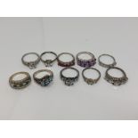 Ten silver gem set dress rings (10)