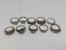 Ten silver gem set dress rings (10)