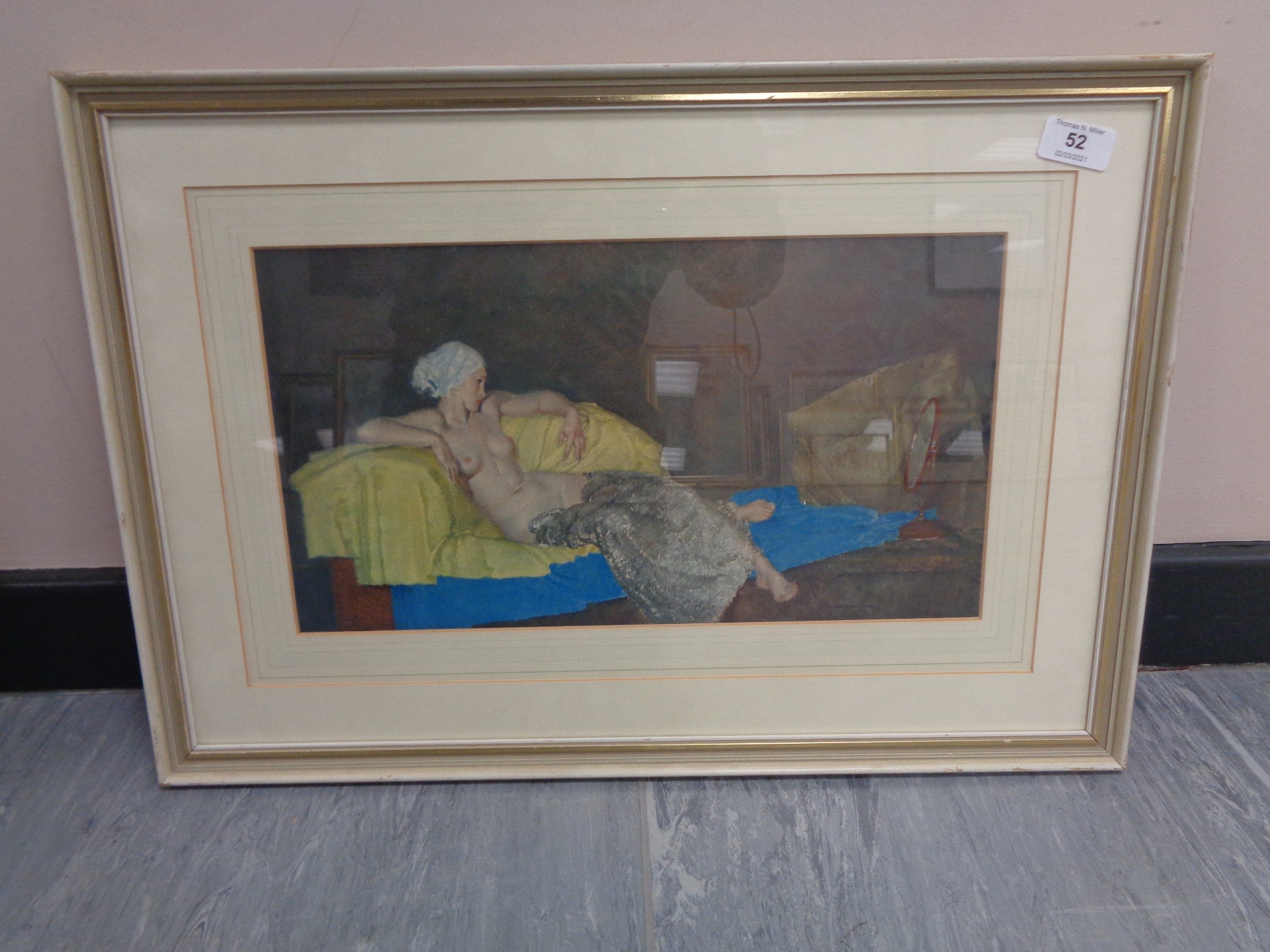 After Sir William Russell Flint : Reflection, colour print, 22 cm x 40 cm, framed.
