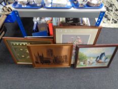 A quantity of pictures and prints, oil on board - boats, copper picture of Durham Cathedral,