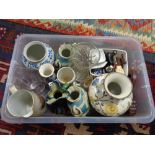 A box of china and glass ceramic vases, crystal vase,