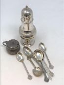 A collection of Lindisfarne / Celtic design silver including sifter, spoons, salt etc.
