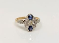 A vintage 18ct gold and platinum sapphire and diamond cluster ring,