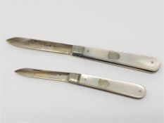 Two silver and mother of pearl fruit knives;