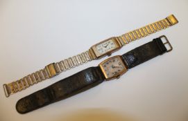 Two vintage watches - one 9ct gold with rolled gold bracelet strap and one 9ct gold with leather