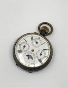 A gun metal open faced pocket watch with three subsidiary dials and moonphase CONDITION