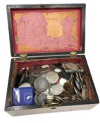 A large quantity of coins in a Victorian rosewood box, including crowns, Georgian coins,