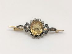 An antique gold and white metal citrine and diamond bar brooch (foreign marks) CONDITION