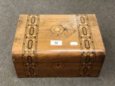 An Edwardian marquetry sewing box, with lift-out tray, 30 cm x 14 cm x 22 cm.