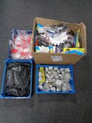 Two crates of ear defenders, tools, gloves, safety glasses,